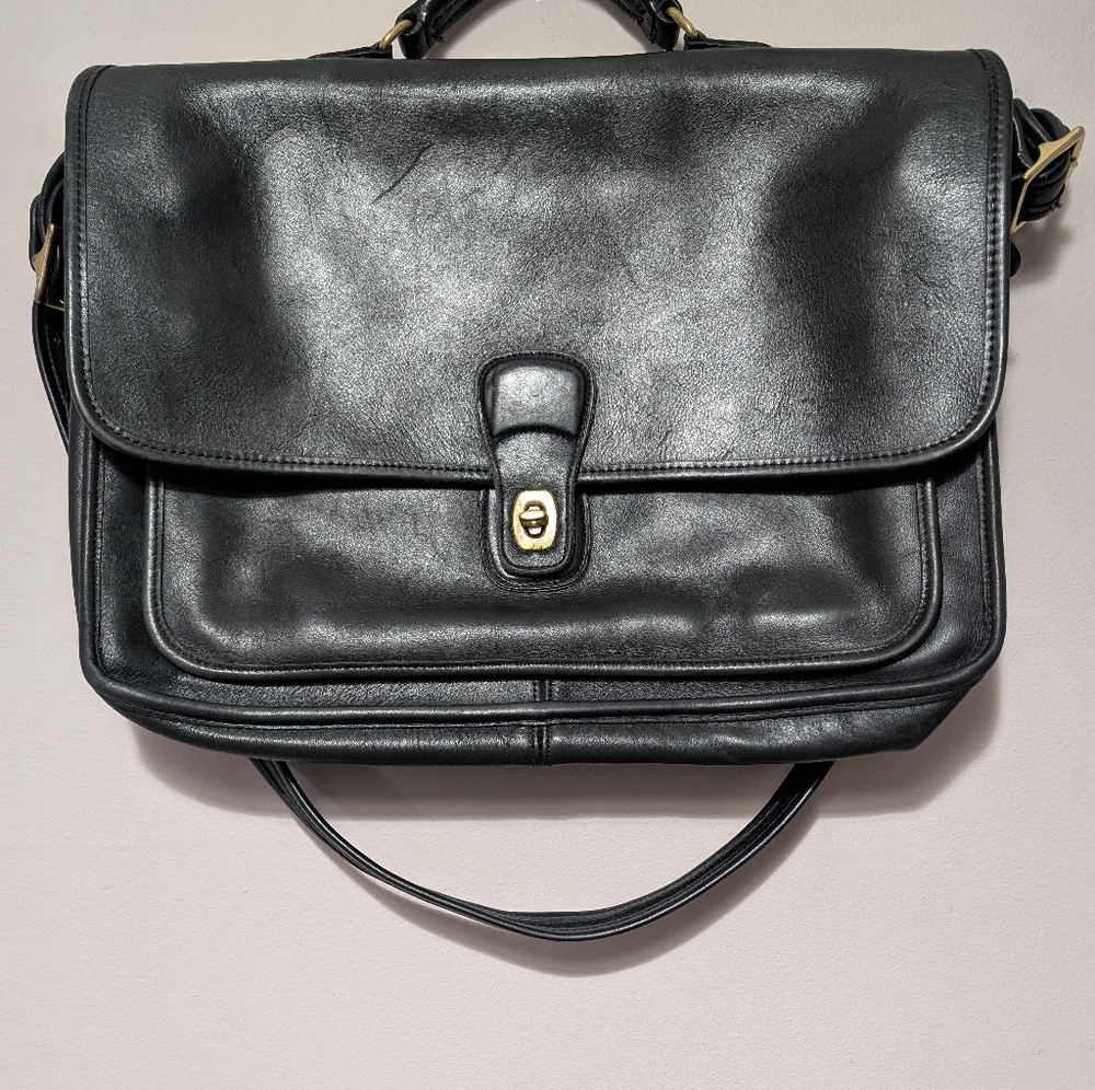 Coach Black Leather Laptop Bag with Gold Hardware